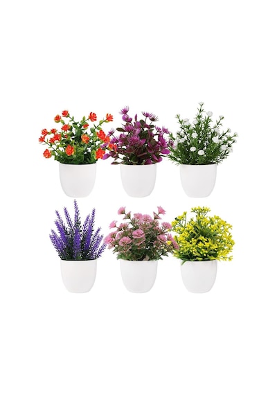 6lı Set Yapay Çiçek Beyaz Saksıda 6 Çeşit Renkli Çiçekler