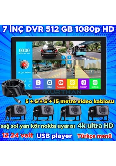 7 İnç 4 Ch Ahd 1080p Ultra Hd 512 Gb Dvr-usb-bsd Monitör Seti 12 - 24 Volt
