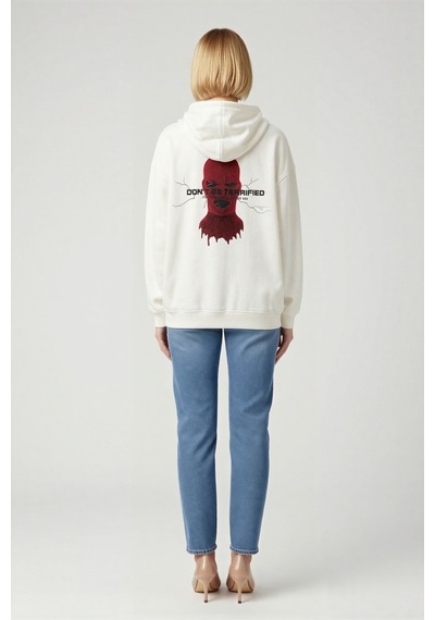 Ersefa Kadın Üç İplik Oversize Kapüşonlu Sweatshirt Maske Grafikli Arka beyaz