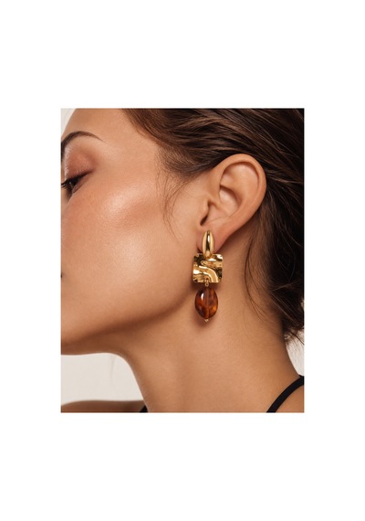 Aura Collection Amara Kehribar Görünümlü Gold Çelik Sallantılı Küpe Altın Altın