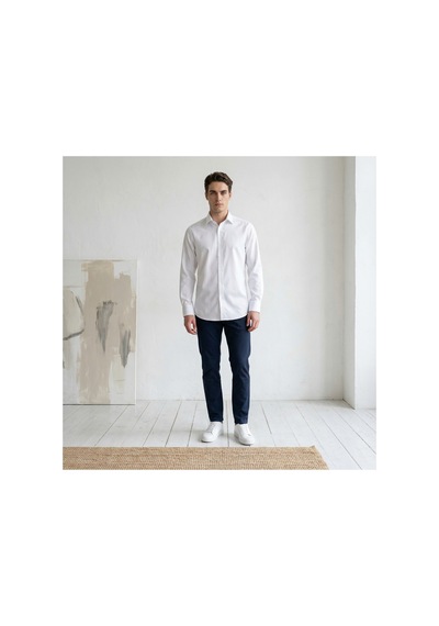 Yusaytr Slim Fit Uzun Kollu Pamuklu Gizli Düğme Yakalı Oxford Gömlek Beyaz Beyaz