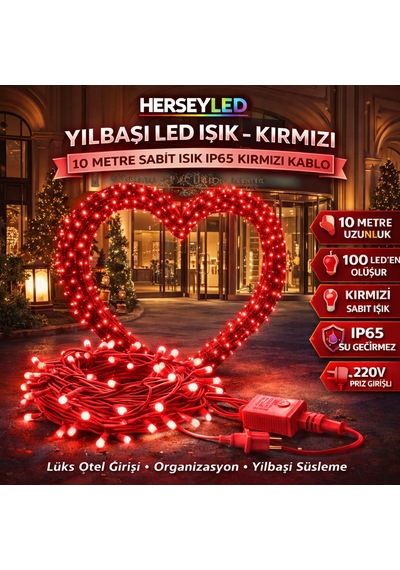Yılbaşı Led Işık İp Led 10 Mt Kırmızı Sabit Ip65 Kırmızı Kablo Kablo Al-80 Kırmızı