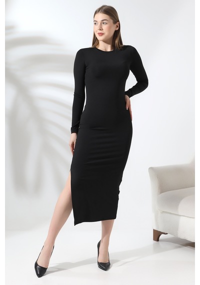 Gugus Trend Kadın Siyah Hailey Uzun Kollu Maxi Elbise Yırtmaçlı Model Ssiyah