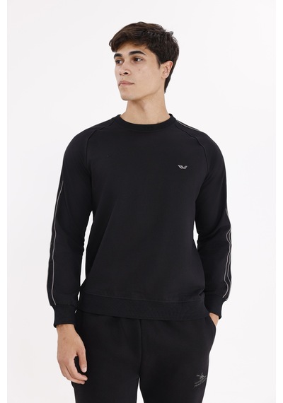 Rowinger Çift Şeritli Raglan Kol Minimal Logolu Bisiklet Yaka Sweatshirt Black