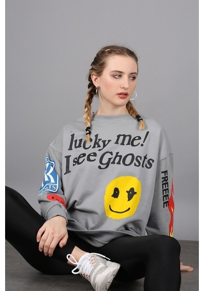 Madmext Mad Girls Füme Baskılı Oversize Sweatshirt Mg1207