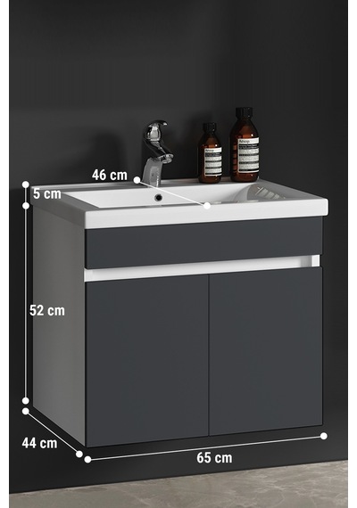 Çiğdem 65 Cm Beyaz-antrasit Gri Mat Mdf Seramik Lavabolu Asma Banyo Alt Dolabı Beyaz - Antrasit