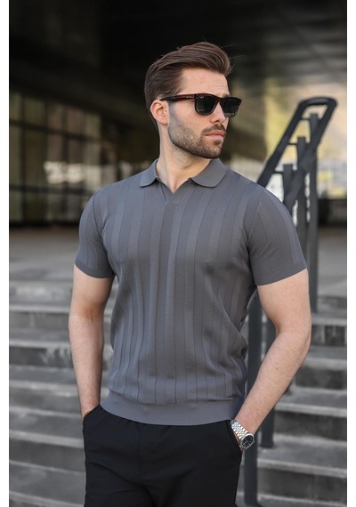 Madmext Antrasit Slim Fit Polo Yaka Triko Erkek Tişört E7491