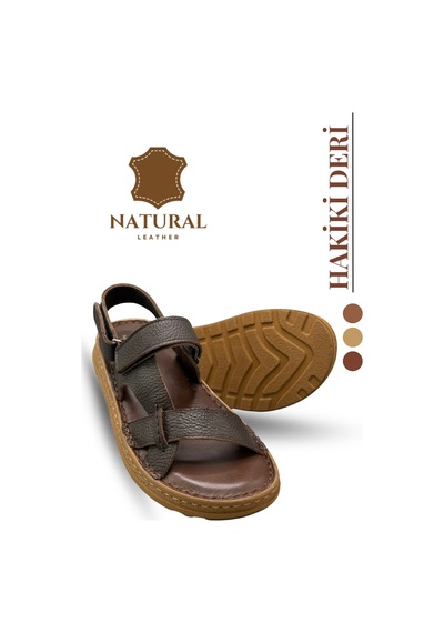 Sermoda Hakiki Deri Erkek Sandalet - Yumuşak Kalın Tabanlı Hakiki Deri Erkek Sandalet K Şır Kahve
