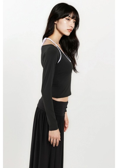 Hiccup Halter Yaka Uzun Kollu Esnek Örme Top Siyah