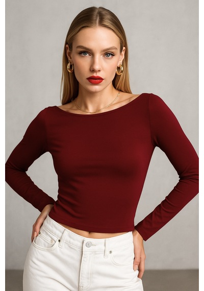 Wild Bee Kadın Bordo Kayık Yaka Uzun Kollu Bluz