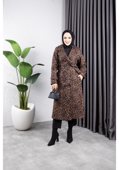 Harman Butik Kadın Astarlı Leopar Desenli Kaşe Kaban Kahverengi Kahverengi