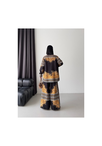 Wellway İthal Chokellaa Kumaş Çiçekli Tunik Gömlek & Pantolon 2li Takım-sarı -26112 Siyah