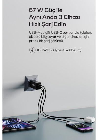 Hızlı Şarj Adaptörü 67w Gan + Type-c Kablo 100w Pd 3 Port, İphone & Samsung Uyumlu V0102011