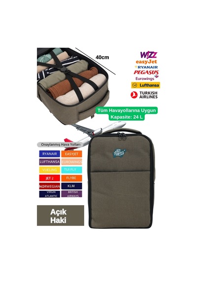 Jet Turtle Seyahat Sırt Çantası 40cm 40x25x15 Cm Pegasus, Wizz Air, Ryanair, El Valizi Koltuk Altı Valizi Açık Haki Kanvas
