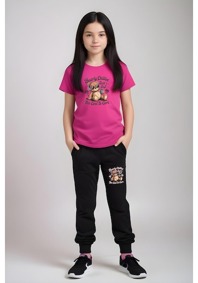 Fyk Kids Kız Çocuk Yuvarlak Yaka Baskılı Bearly Chillin Alt-üst Pijama Takımı Fuşya