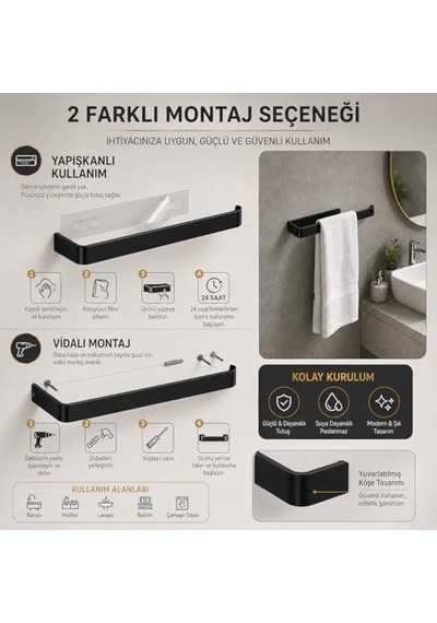 Lamalı Siyah Yapışkanlı Lüks Tasarım Solo Peçetelik, Metal Havluluk, Hem Yapışkanlı Hem Vidalı Montajlı, Ban Genel