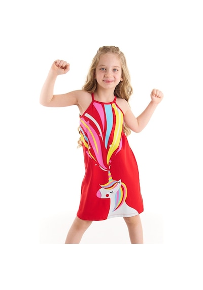 Denokids Unicorn Love Kız Elbise Kırmızı