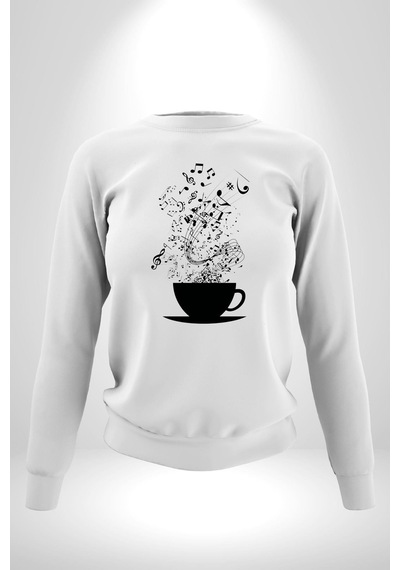 Kahve Müzik Nota Unisex Beyaz Sweatshirt Beyaz