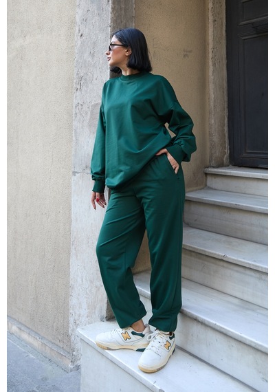 Mezka Regular Fit 2'li Takım Sweatshirt Beli Lastikli Jogger Eşofman Altı Yeşil
