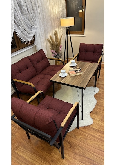 Modern Van Balkon, Bahçe, Cafe - Metal Kanepe Koltuk Takımı - 2+1+1 + Masa Bordo Modernb1 Bordo