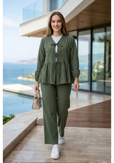 Hb Harma Time Butik Kadın Bağlamalı Çilek Kumaş Haki Tunik Pantolon İkili Takım