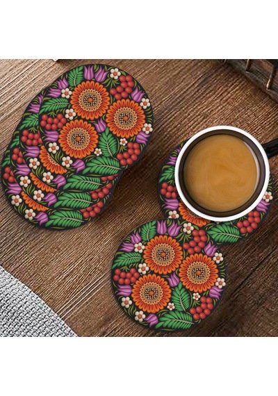 Valerine Life Kırmızı Papatyalı Yıkanabilir Kaydırmaz Ofis Çay Ve Fincan Bardak Altlığı 10x10cm 6 Ad Siyah