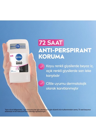 Kadın Stick Deodorant Black&white Invisible Clear 50ml, 72 Saat Anti-perspirant Koruma, X3 Adet