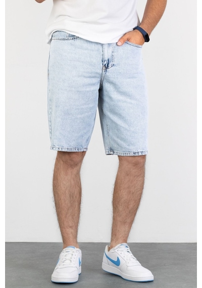 HLT Jeans Erkek Mavi Kar Yıkamalı Baggy Fit Rahat Kesim %100 Pamuk Denim Loose Jeans Kot Şort Arthur-Mavikar 001