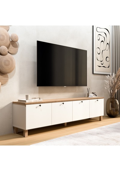 Robin Home Alaska Tv Ünitesi Sehpası 4 Kapaklı Ahşap Ayaklı 180cm Sepet-beyaz Beyaz