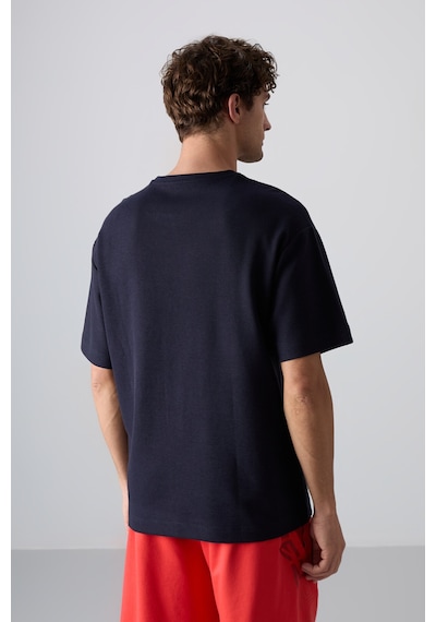 Tommy Life Lacivert Pamuklu Kalın Yüzeyi Dokulu Oversize Fit Basic Erkek T-shirt - 88341 001
