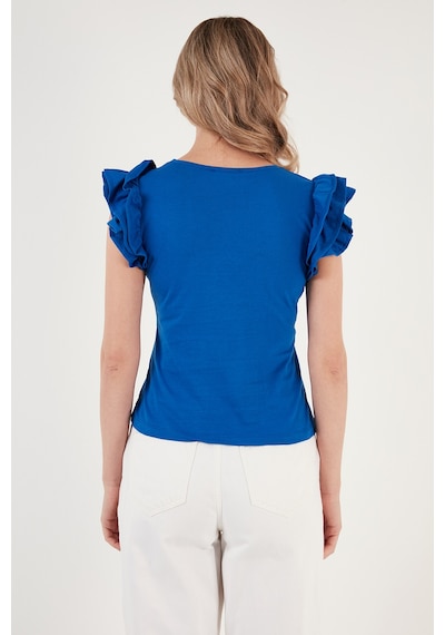 Lela Pamuklu Kolları Fırfırlı Slim Fit Bisiklet Yaka Bayan T Shirt 5864500 Saks