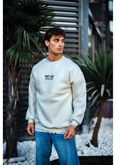 Erkek Bisiklet Yaka 3 İplik Pamuklu Baskılı Sweatshirt - Beyaz