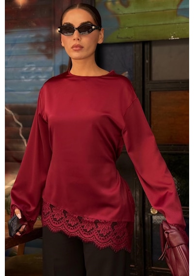 Madmext Bordo Asimetrik Dantelli Uzun Kollu Saten Bluz Mg2799