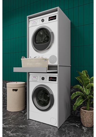 Asra Trend Çamaşır ve Kurutma Makinesi Dolabı BD05 %100 MDF Çekmeceli Raf Koyu & Gri