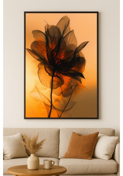 İçten Parlayan Çiçek - Gerçek Cama Baskı Gold Alüminyum Metal Çerçeveli Tekli Modern Tablo