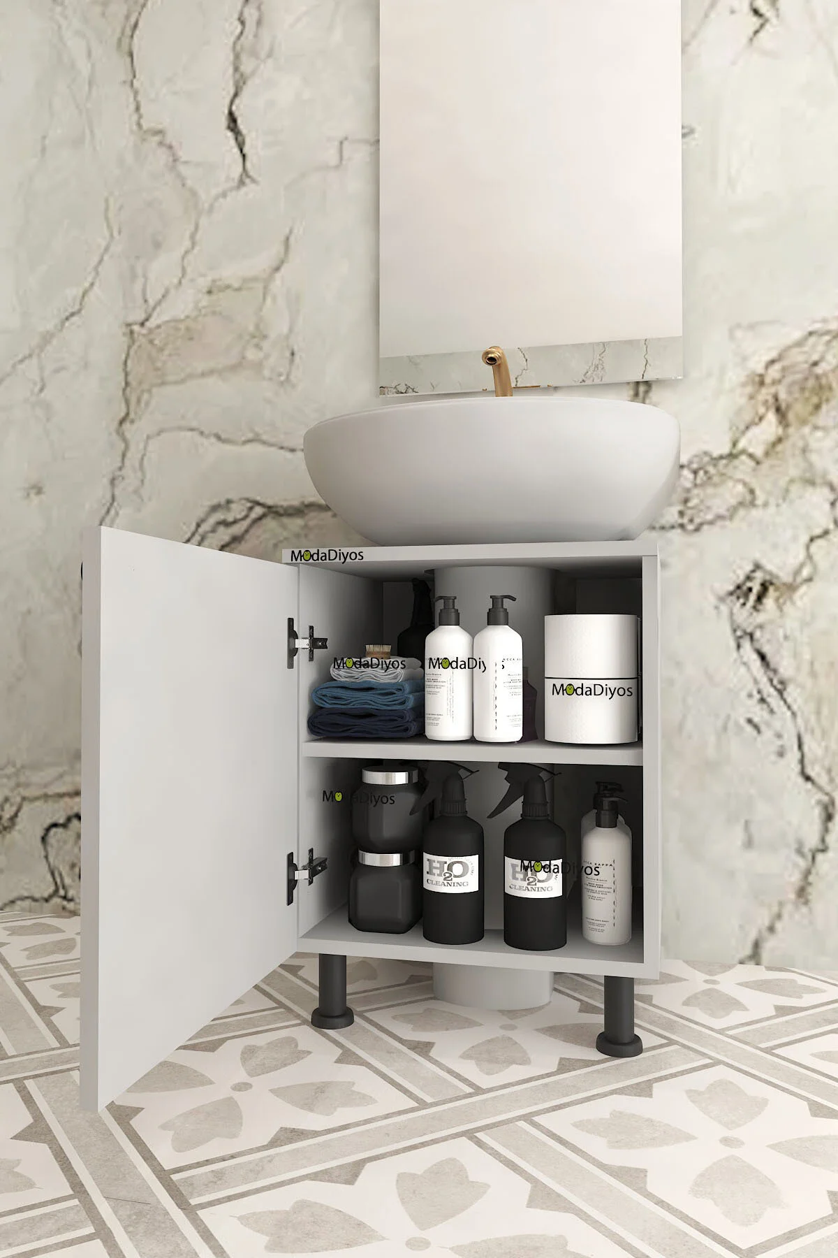 Modelisa Mini Lavabo Altı Dolap, Ayaklı Banyo Dolabı - Mdf Beyaz