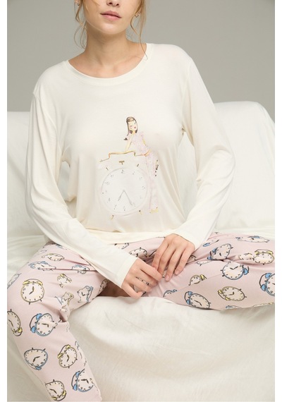 Siyah İnci Saat Desenli Pamuklu Bisiklet Yaka Örme Pijama Takım25241152 Ekru