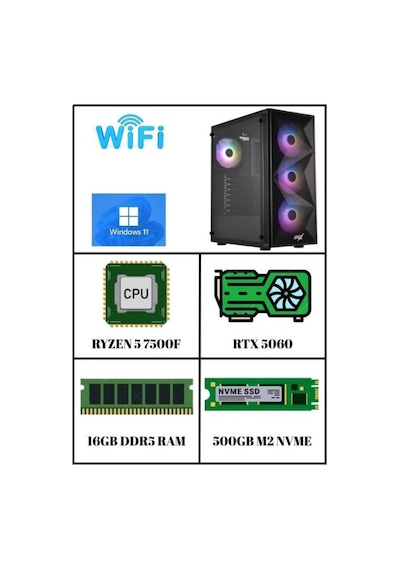 Ramtech Eıgen R5-7500F RTX5060 8 GB 16 GB 500 GB M2 SSD W11P Masaüstü Oyuncu Bilgisayarı
