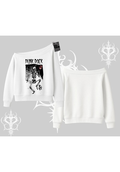 Startmore Kayık Yaka Sweatshirt Punk Rock Chaos Skeleton Riot Beyaz