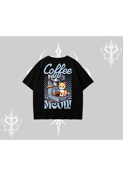 Tarzsokak Coffee Meow Kahve Temalı Kedi Arka Baskılı Oversize Tshirt Siyah
