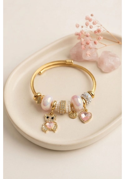 Tedy Bear Model Gold Renk Pembe Charmlı Bileklik 6446404