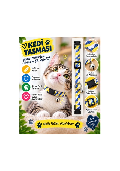 Kedi Tasması Mavi Sarı Çizgili Zilli Ayarlanabilir Boyun Tasması