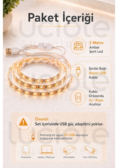 3 Metre 5v Usb Amber Şerit Led Anahtarlı Mutfak Tezgah Altı Tv Masa Kamp Powerbank Sıcak Işık