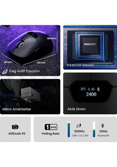 Aula Sc390 Paw3311 Sensör 20000 Dpı 1000hz Kablolu Ve Kablosuz Gaming Oyuncu Mouse Siyah Sc390