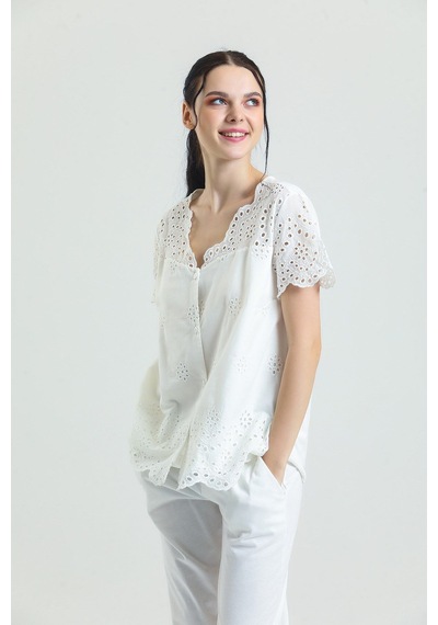 Genel Markalar Pamuklu Brode Dantelli Kadın Pijama Takımı Ekru - 619115351 Ekru
