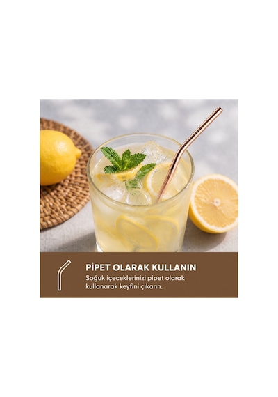6 Lı Kaşıklı Pipet Seti - Bronz - Pipet Temizleme Fırçası Çok Renkli