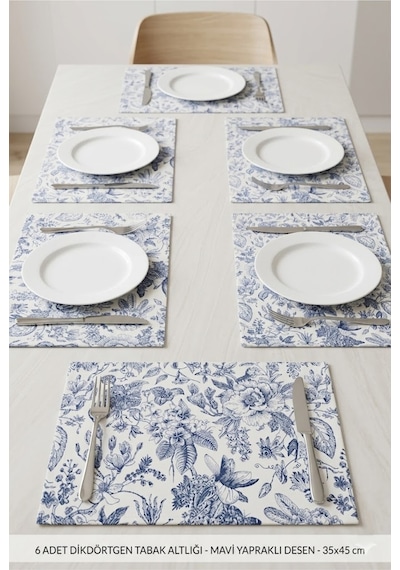Çiçek Desenli Kumaş Tabak Altlığı 35x45 Cm Mavi Yapraklı Yemek Masası Tabak Altlığı 6 Kişilik