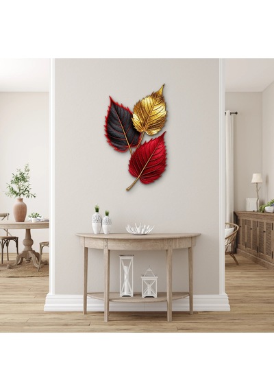 Altın Ve Kırmızı Üç Yaprak - Metal Tablo - Dec0265 48 X 80 Cm Çok Renkli