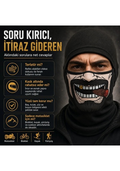 Womanandkids Wak Unisex Bıyık Puro Baskılı Balaklava 1 Adet Tek Beden Viskoz Kask İçi Motosiklet Maskesi Siyah