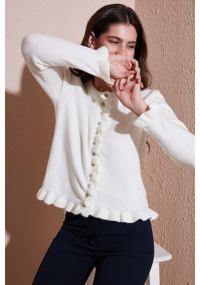 Lela Premium Pile Detaylı Regular Fit Yuvarlak Yaka Triko Bayan Hırka 680Hi00038 Ekru